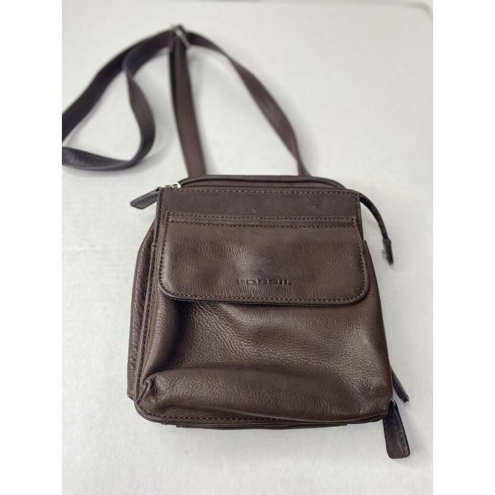 Fossil Brown Pebble Leather Crossbody Bag Zip Around Handbag Purse Pockets